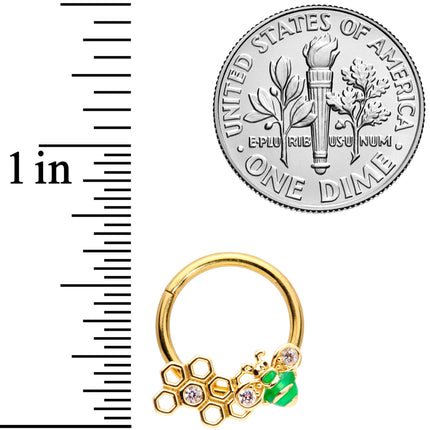 16G 3/8 Clear Gem Gold Tone Green Bee Hinged Segment Ring