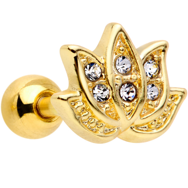 16G 1/4 Clear Gem Gold Tone Lotus Flower Cartilage Tragus Earring