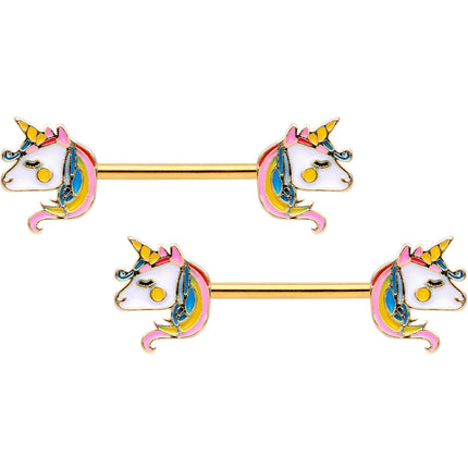 14G Gold Tone Unicorn UV Horseshoe Barbell Nipple Ring Set of 4