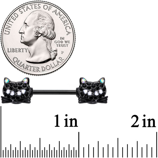 14G 9/16 Black Aurora Gem Crafty Kitty Cat Barbell Nipple Ring Set
