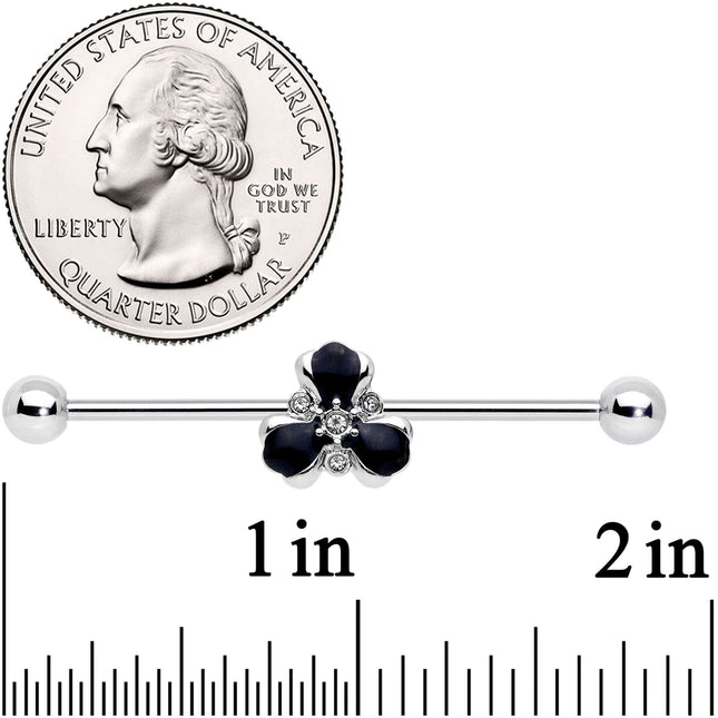 14G Clear Black Gem Abstract Flower Industrial Barbell 38mm