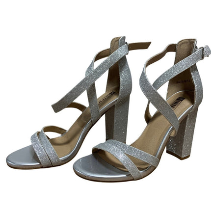 Idifu Womens Size 7.5 Silver Glitter 4" Heels Open Round Toe Ankle Strap Shoes