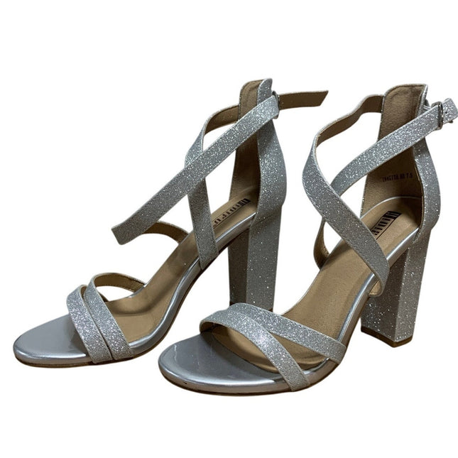 Idifu Womens Size 7.5 Silver Glitter 4" Heels Open Round Toe Ankle Strap Shoes