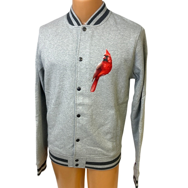 New Champion Mens Small Gray Snap Up Hand Printed Cardinal Bird Bomber Jacket