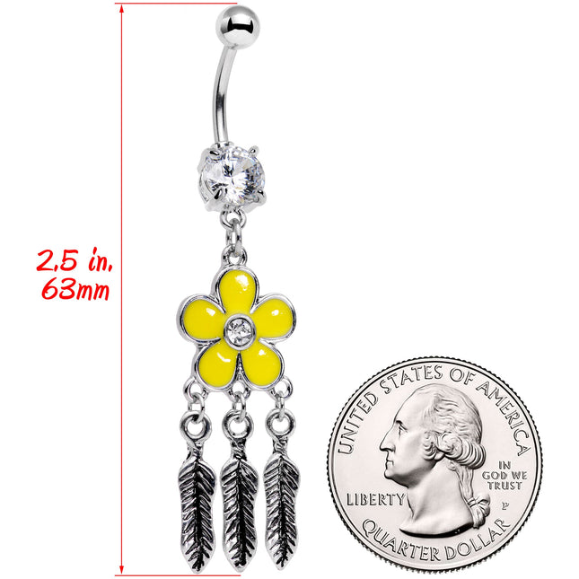 Clear Gem Yellow Flower Feathers Dreamcatcher Dangle Belly Ring