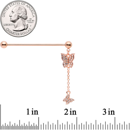 14G Clear Gem Rose Gold Tone Butterfly Dangle Industrial Barbell
