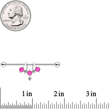 14G Pink Faux Opal Triad Dangle Industrial Barbell 38mm
