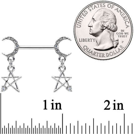 14G 9/16 Clear Gem Moon Star Dangle Barbell Nipple Ring Set