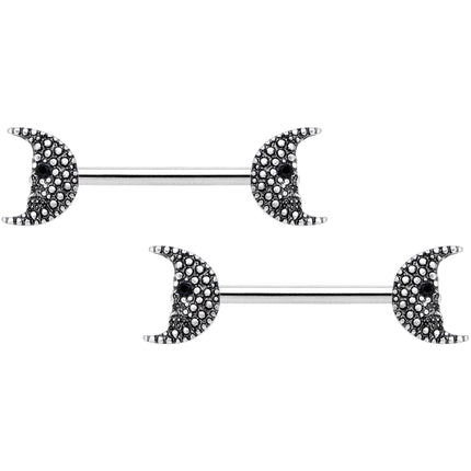 14G 9/16 Black Gem Skull Crescent Moon Barbell Nipple Ring Set