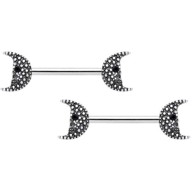 14G 9/16 Black Gem Skull Crescent Moon Barbell Nipple Ring Set
