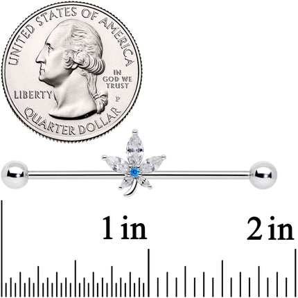 14G Clear Blue CZ Gem Marijuana Leaf Industrial Barbell 38mm