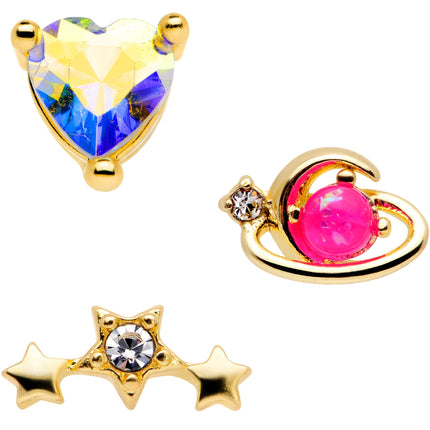 16G 1/4 Pink Faux Opal Gold Tone Heart Cartilage Tragus Set of 3