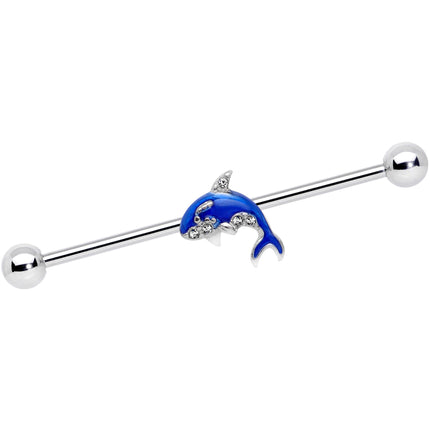 14G Clear Gem Sea Bling Blue Orca Whale Industrial Barbell 38mm