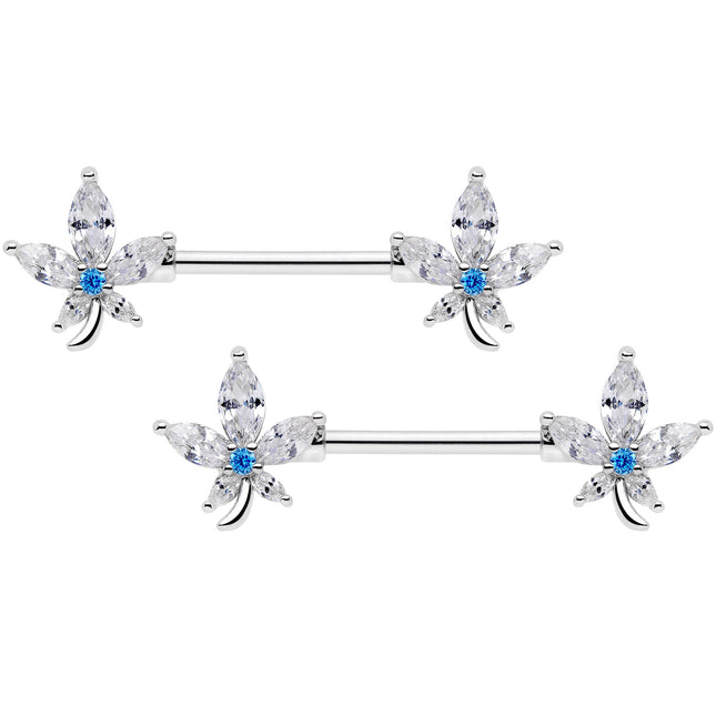 14G 9/16 Clear Blue CZ Gem Marijuana Leaf Barbell Nipple Ring Set