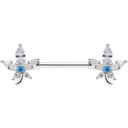 14G 9/16 Clear Blue CZ Gem Marijuana Leaf Barbell Nipple Ring Set