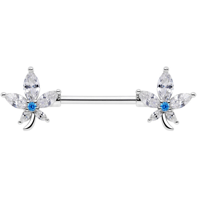 14G 9/16 Clear Blue CZ Gem Marijuana Leaf Barbell Nipple Ring Set