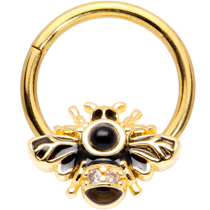 16G 3/8 Clear Gem Gold Tone Insect Bee Hinged Segment Ring