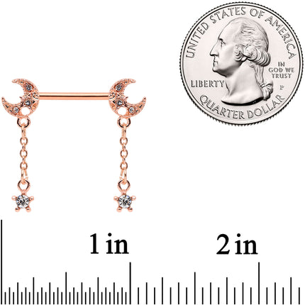 14G 9/16 Clear Gem Rose Gold Tone Moon Barbell Nipple Ring Set