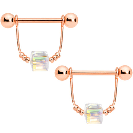 14G 5/8 Clear Gem Rose Gold Tone Cube Dangle Nipple Ring Set