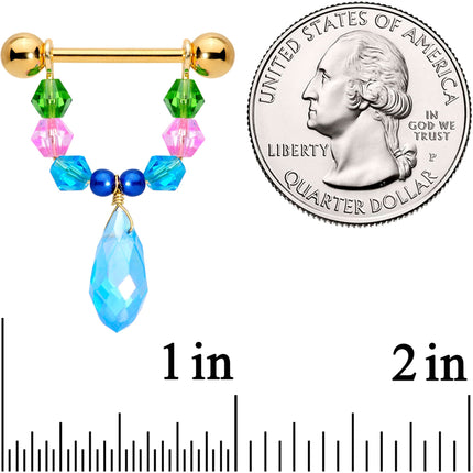 14G 5/8 Blue Pink Green Gem Gold Tone Drop Nipple Ring Set