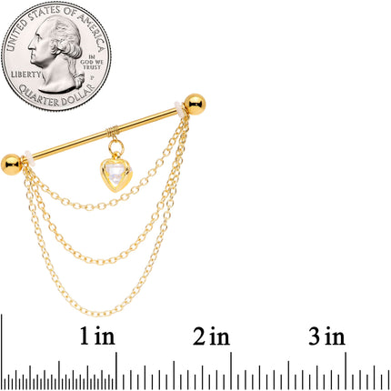 14G Clear CZ Gem Gold Tone Heart Dangle Industrial Barbell 38mm