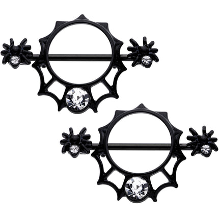 14G 9/16 Clear Gem Black Spider Web Nipple Shield Set
