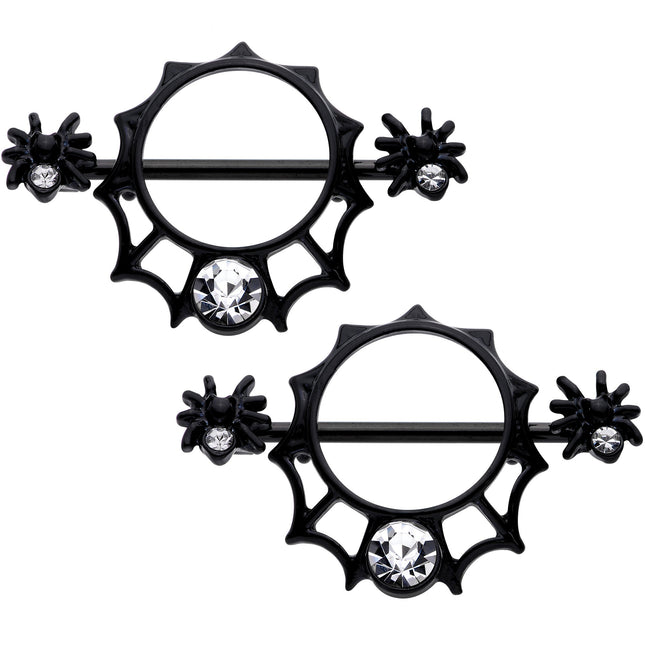 14G 9/16 Clear Gem Black Spider Web Nipple Shield Set