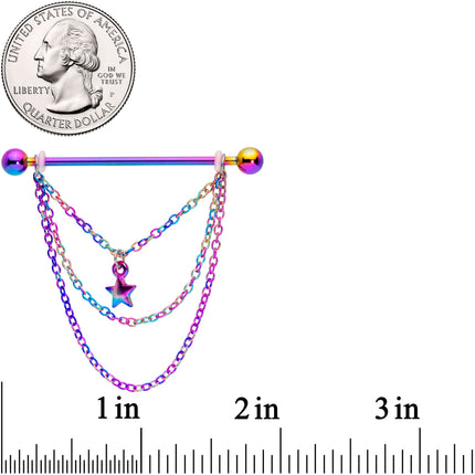 14G Rainbow Star Triple Chain Dangle Industrial Barbell 38mm