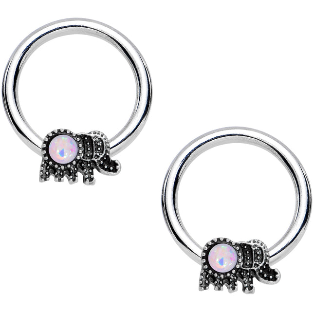 14G 1/2 White Faux Opal Elephant BCR Captive Nipple Ring Set