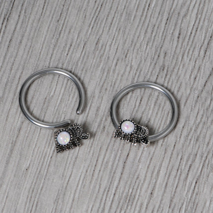 14G 1/2 White Faux Opal Elephant BCR Captive Nipple Ring Set
