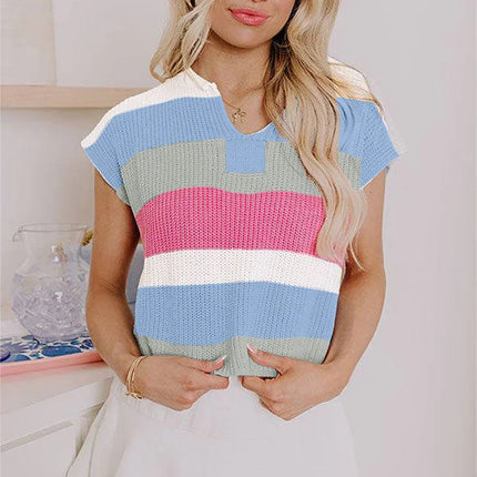 Multicolour Colorblock Notch V Neck Knit T Shirt
