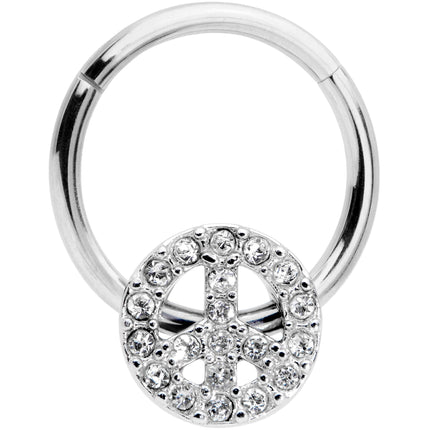 16G 3/8 Clear Gem Retro Peace Sign Hinged Segment Ring