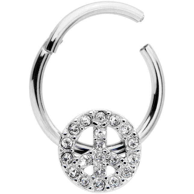 16G 3/8 Clear Gem Retro Peace Sign Hinged Segment Ring