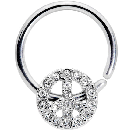 16G 3/8 Clear Gem Retro Peace Sign Closure Ring
