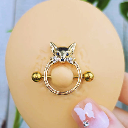 14G 13/16 Clear Black Gem Gold Tone Fox Nipple Shield Set