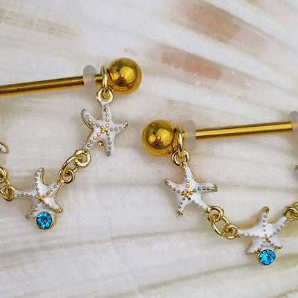14G 9/16 Blue Gem Gold Tone Starfish Dangle Nipple Ring Set