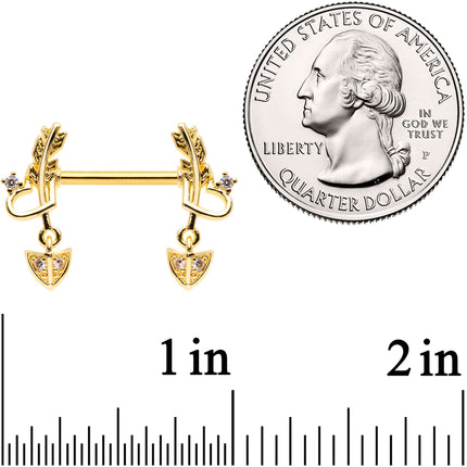 14G 9/16 Clear CZ Gem Gold Tone Love Feather Barbell Nipple Ring Set
