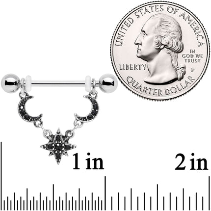 14G 9/16 Black Gem Crescent Moons Star Dangle Nipple Ring Set