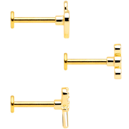 16G 5/16 Clear Gem Gold Tone Lock Key Labret Tragus Set of 3