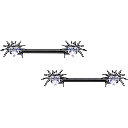 14G 5/8 Clear Gem Black Sexy Heart Spider Barbell Nipple Ring Set