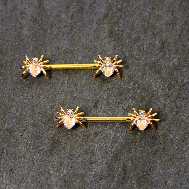 14G 9/16 Clear Gem Gold Tone Heart Spider Nipple Ring Set