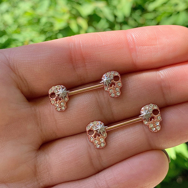 14G 9/16 Clear Gem Gold Tone Star Skull Barbell Nipple Ring Set