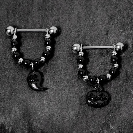 14G 5/8 Black Pumpkin Ghost Halloween Dangle Nipple Ring Set
