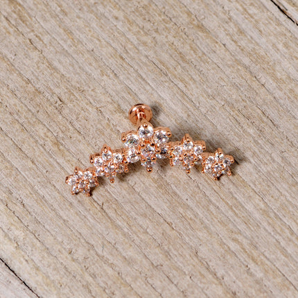 16G 1/4 Clear CZ Gem Rose Gold Tone Floral Internal Thread Labret