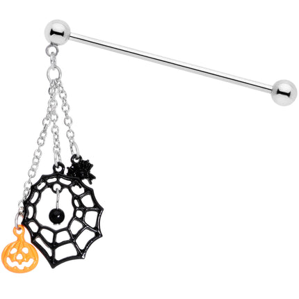 14G Spiderweb Pumpkin Halloween Dangle Industrial Barbell 38mm