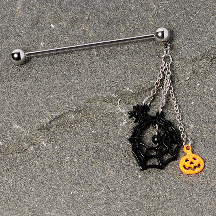 14G Spiderweb Pumpkin Halloween Dangle Industrial Barbell 38mm