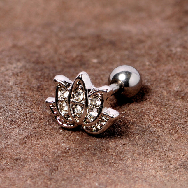 16G 1/4 Clear Gem Lotus Flower Cartilage Tragus Earring