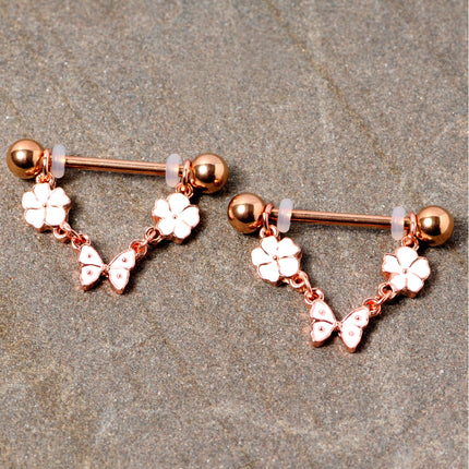 14G 5/8 Gold Tone White Flower Butterfly Dangle Nipple Ring Set