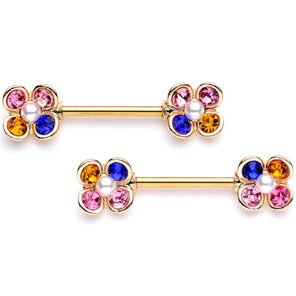 14G 9/16 Pink Blue Gem Gold Tone Flower Barbell Nipple Ring Set