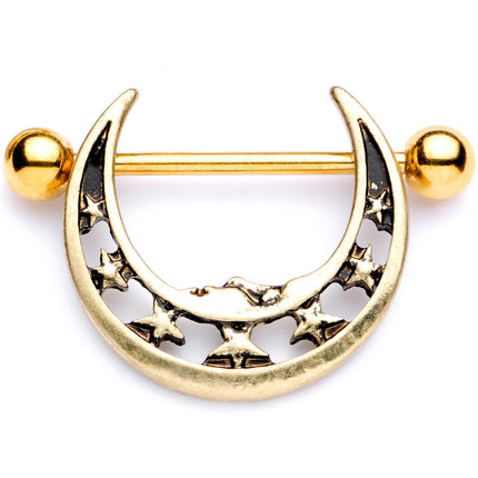 14G 7/8 Gold Tone Starry Crescent Moon Nipple Shield Set